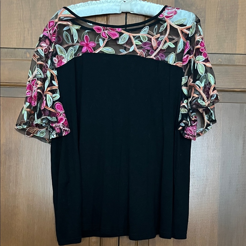 Suzanne Betro Black Top with Pink Floral Embroidery